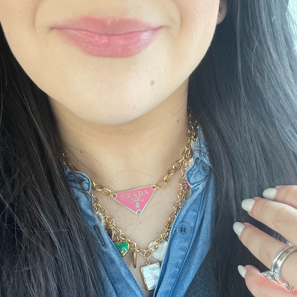 Upcycled Prada Pendent Chain Necklace 18K Plated Stainless - Picture 4 of 5